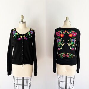 HWR Anthropologie Cardigan Black Floral Embroidered Bee and Blossom Knit Sweater